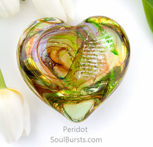 Glass Heart with Ashes - Green Yellow Peridot